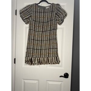 Aura Tweed Plaid Dress Small Ivory Beige Gray Mustard Fringe Hem Nwt